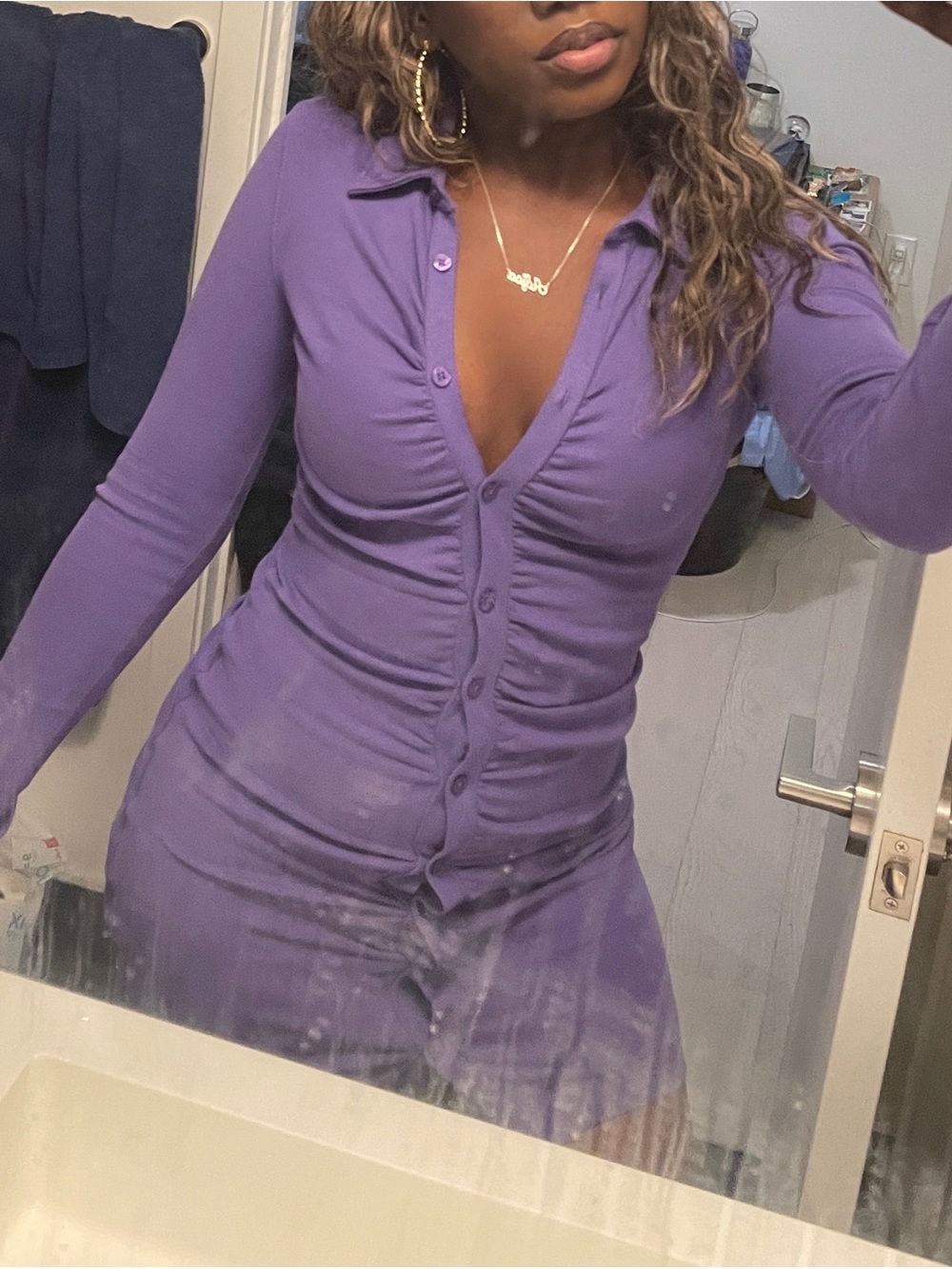 Zara Deep Purple Ruched Button-Front Knit Dress - Picture 2 of 2